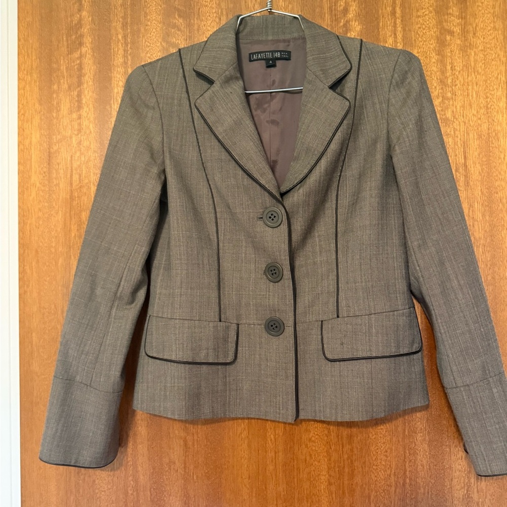 Lafayette 148 New York Brown Tan Plaid Wool Faux Leather Blazer Sz 4